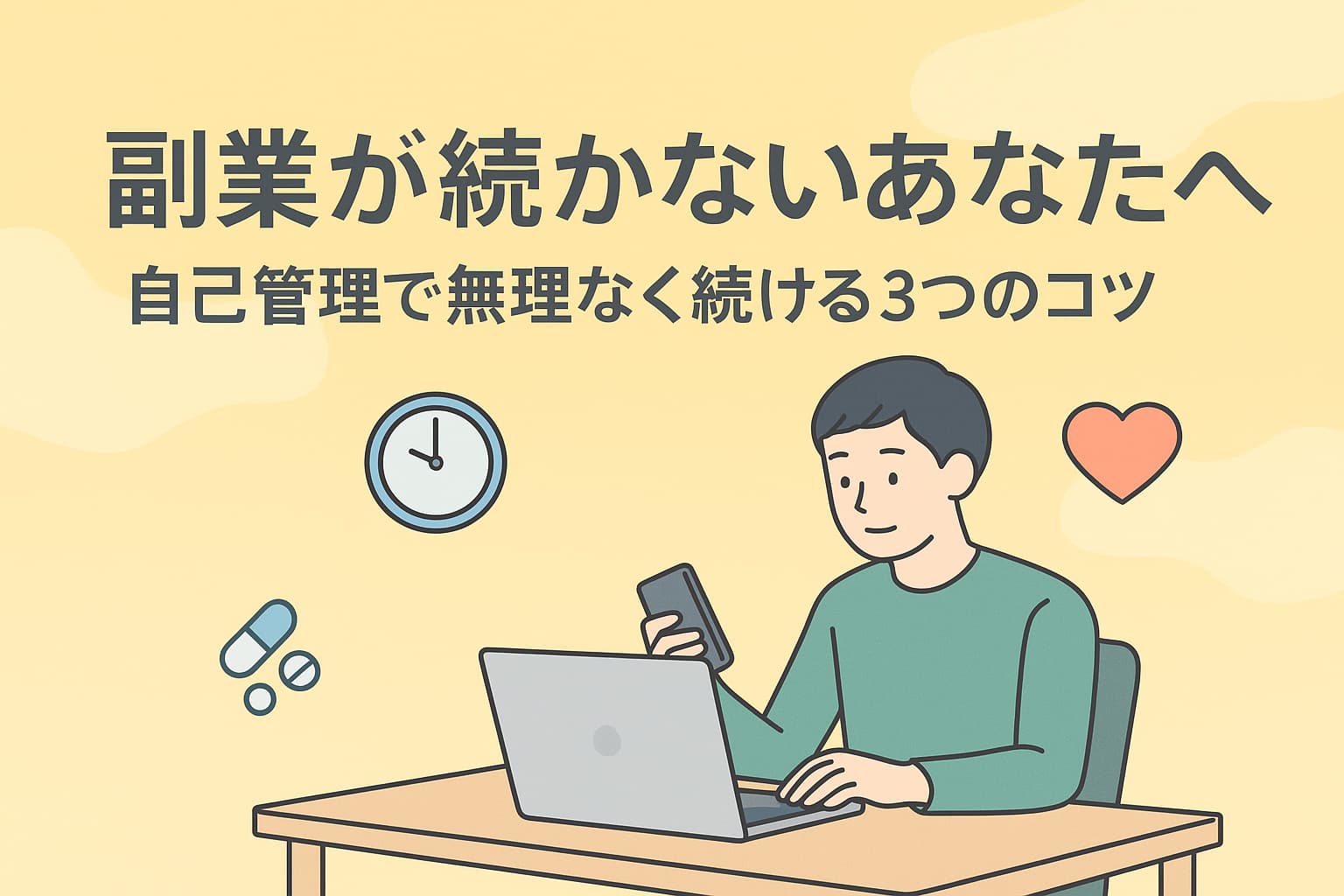 副業を続けるための自己管理術をテーマにしたイラストバナー。ノートPCで作業する男性と、時計・薬・ハートのアイコン付き