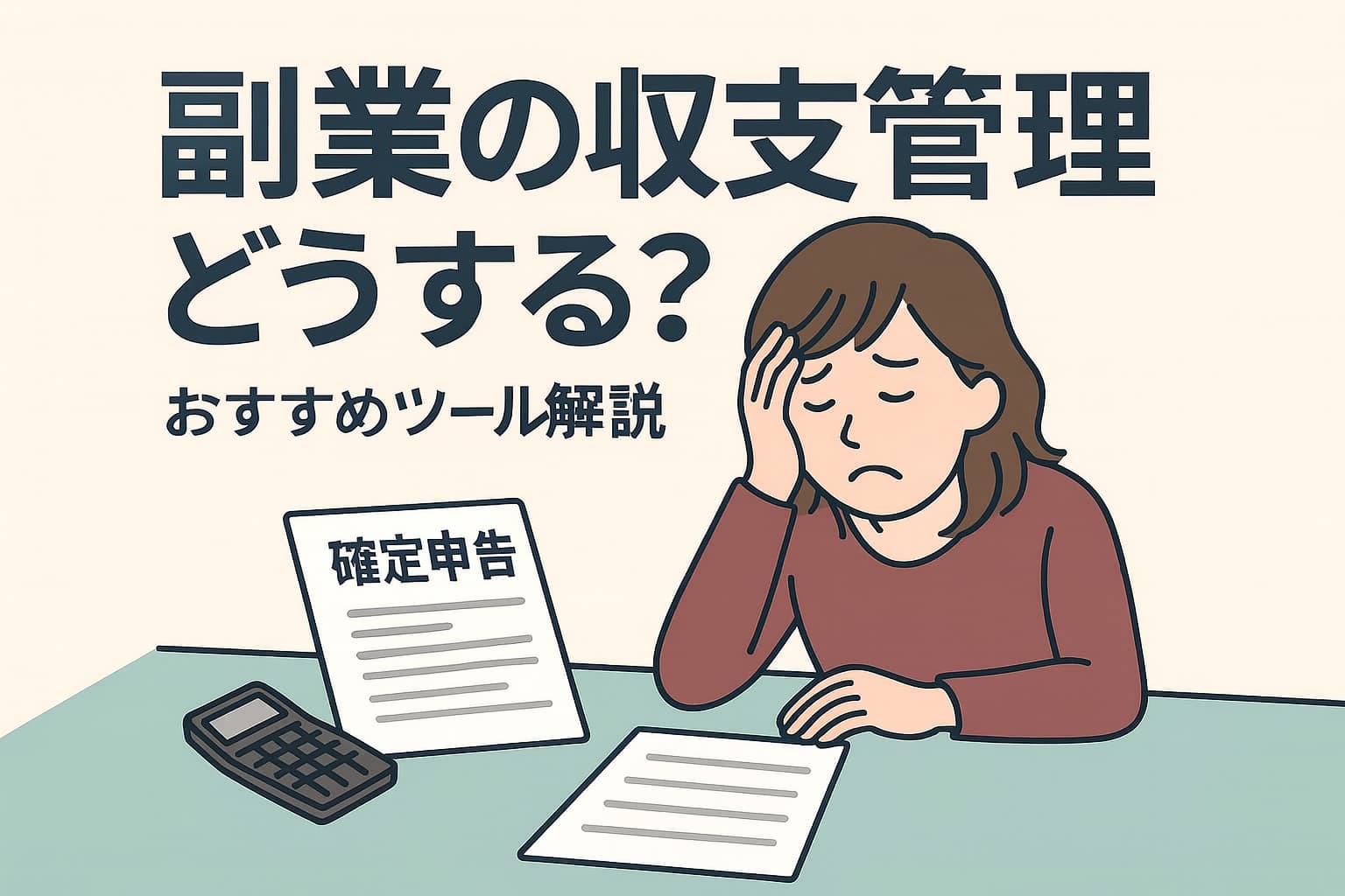 副業の収支管理に悩む女性が確定申告の書類を前に頭を抱えているイラスト